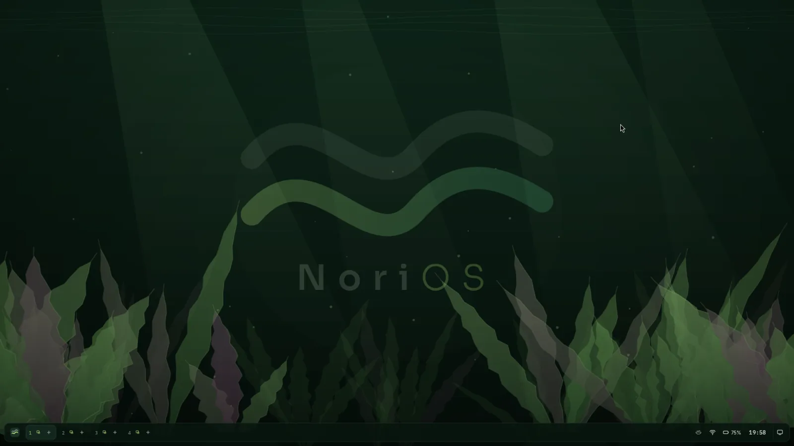 The NoriOS desktop with its living wallpaper